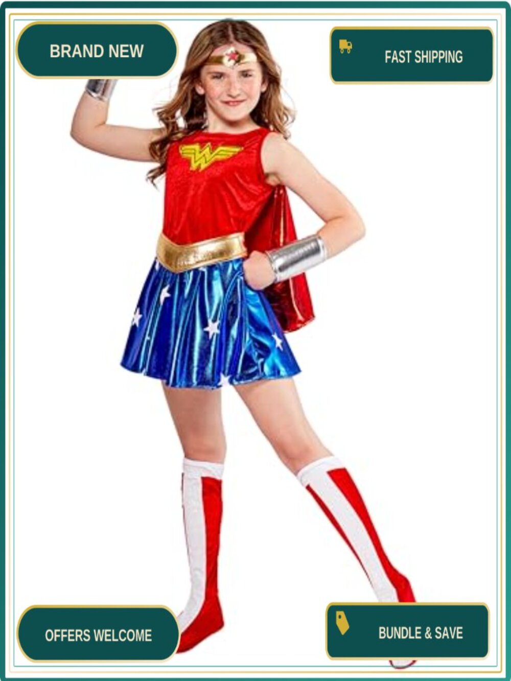 Girls Wonder Woman Costume Dress Belt Gauntlets Tiara Boot Tops